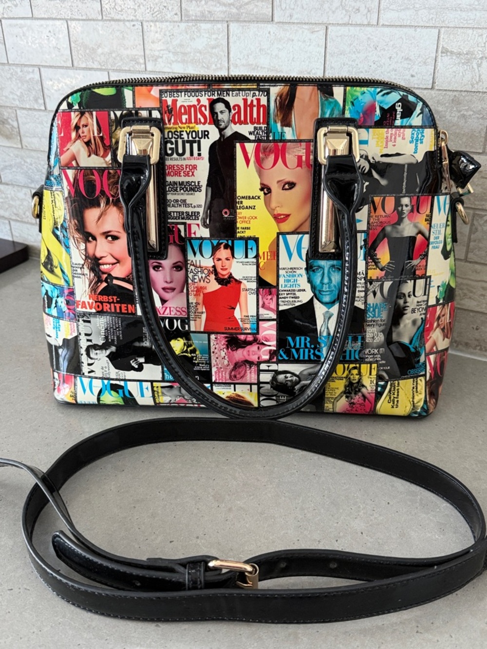 Multicolor Magazine Collage Satchel Bag - Black patent leather Trim